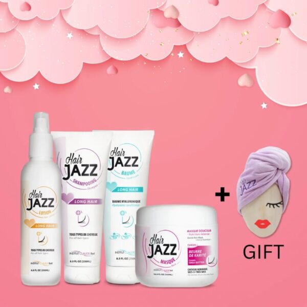 HAIR JAZZ Routine for Long Hair: Shampoo, Lotion, Conditioner, Mask + Towel Wrap as a GIFT