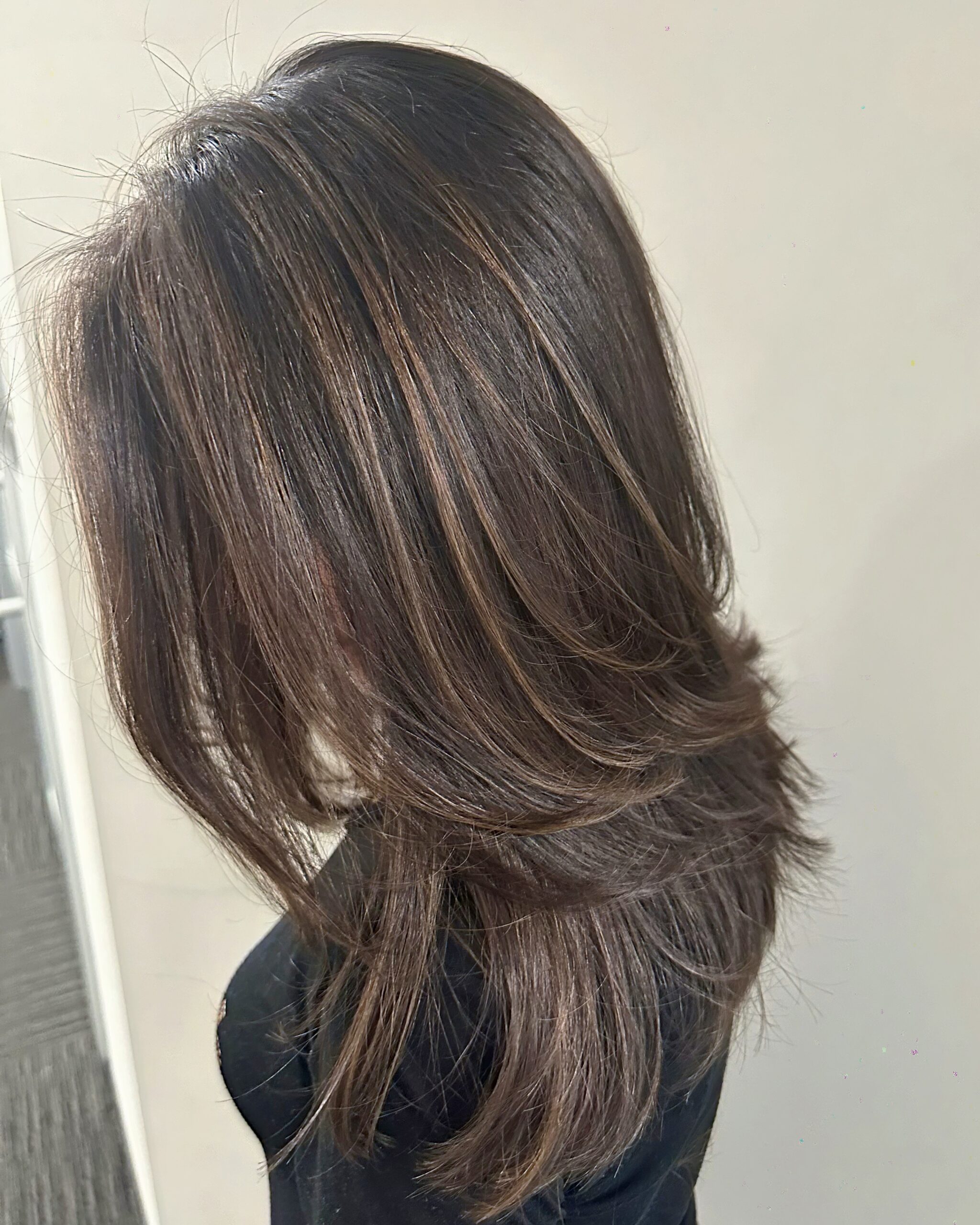 Dedham ma hair salon caramel highlights with a layered haircut